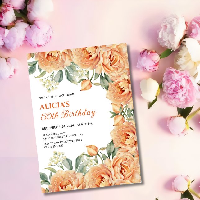Convite Chic Orange Peony Rustic Floral Greenery Aniversár (Criador carregado)