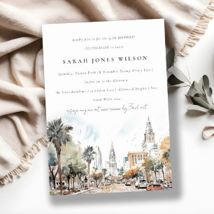 Convite Chic Orlando Florida Skyline Watercolor Birthday