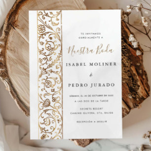 Convite Chic Ornate Floral Dourado Creme Nuestra Boda Casa