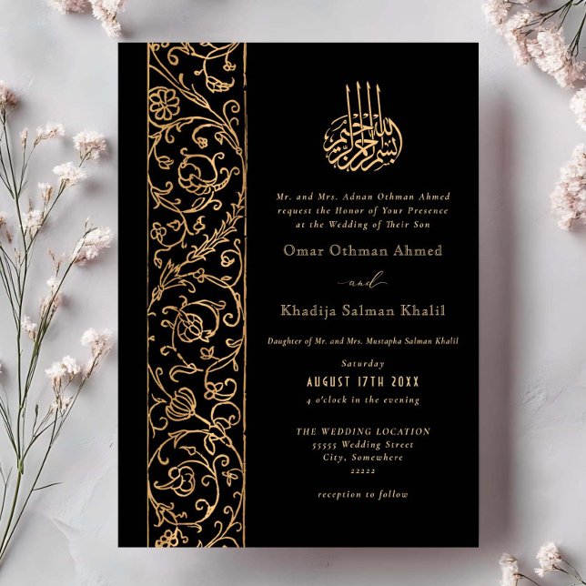 Convite Chic Ornate Floral Gold & Black Islamic Wedding (Criador carregado)