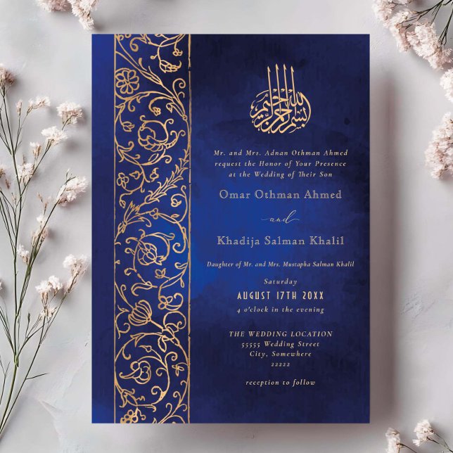 Convite Chic Ornate Floral Gold & Blue Islamic Wedding (Criador carregado)