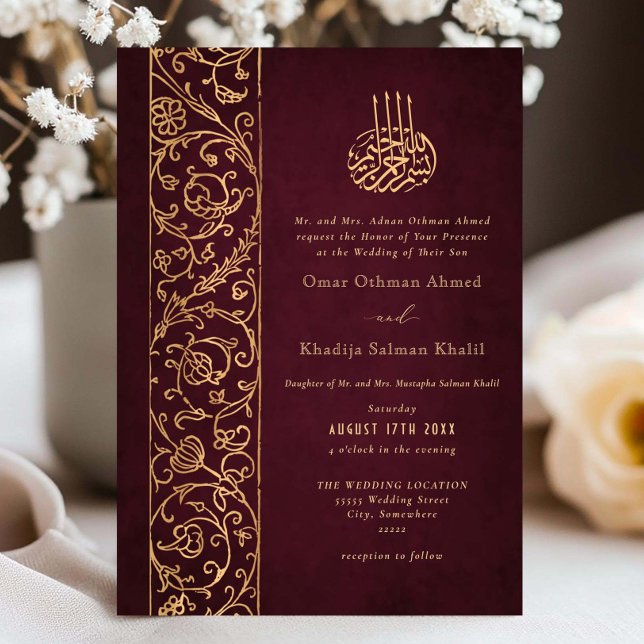Convite Chic Ornate Floral Gold & Burgundy Islamic Wedding (Criador carregado)
