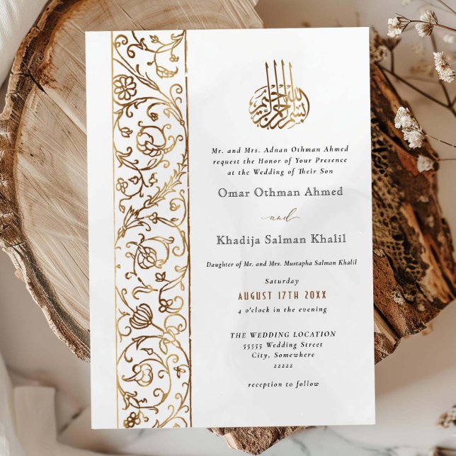 Convite Chic Ornate Floral Gold & Cream Islamic Wedding (Criador carregado)