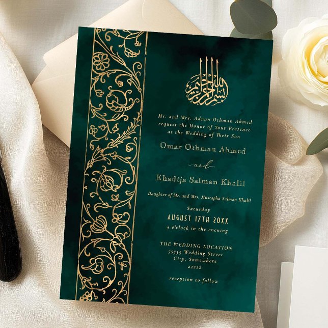 Convite Chic Ornate Floral Gold & Green Islamic Wedding (Criador carregado)