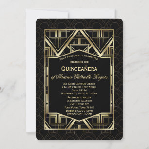Convite Chic Ouro Estilo Art Déco Grande Gatsby Quinceañer