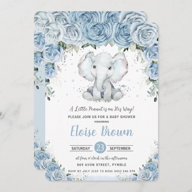 Convite Chic Pastel Azul Floral Elefante Menino Chá de Beb (Frente/Verso)