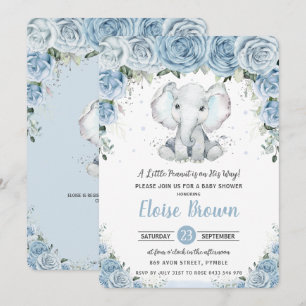 Convite Chic Pastel Azul Floral Elefante Menino Chá de Beb