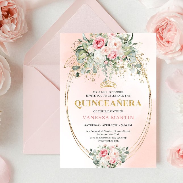 Convite Chic Pastel Pink Boho Floral Quinceañera Invites (Chic Pastel Pink Boho Floral Quinceañera Invitation)