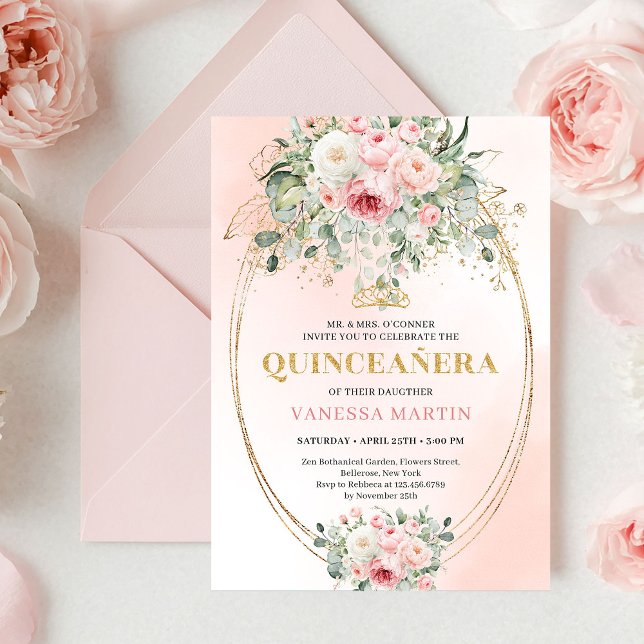 Convite Chic Pastel Pink Eucalyptus Quinceañera Invite (Chic Pastel Pink Eucalyptus Quinceañera Invite

)