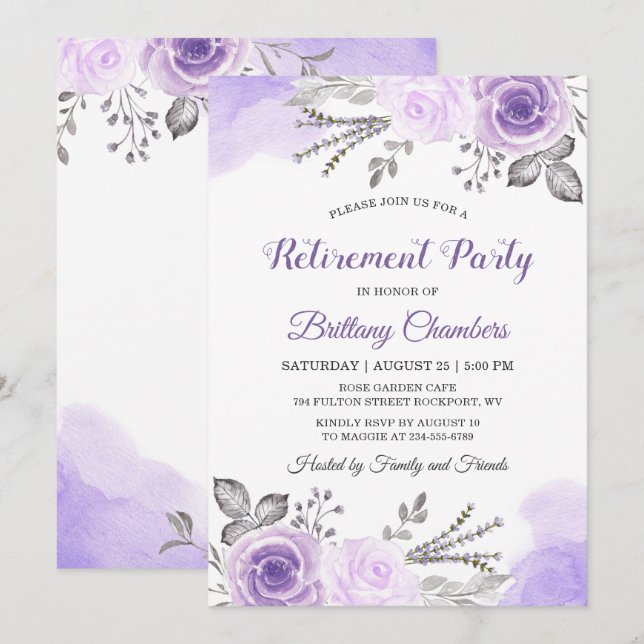 Convite Chic Pastel Purple Rosa Garden Retirement Party (Frente/Verso)