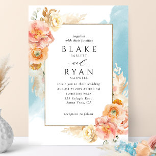 Convite Chic Peach Blush Floral, Casamento Aqua Watercolor
