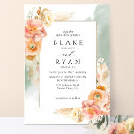 Convite Chic Peach Blush Floral, Sage Watercolor Casamento<br><div class="desc">Aprecie seu convidado com este elegante e único convite para casamento com elementos florais de cor aquosa refinados em uma bela mistura de pêssego, laranja, rosa pincelado, coral empoeirado e matizes de champanhe de creme mostrando seus detalhes de casamento e delicada mancha aquática em cascata em verde-sábio. Capacidade de mudar...</div>