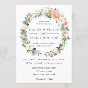 Convite Chic Peach Blush Ivory White Floral Wreath Casamen