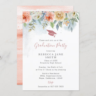 Convite Chic Peach Flowers Rosa de Graduação do Chapéu Dou