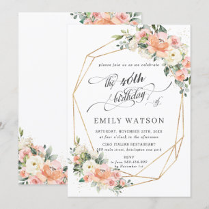 Convite Chic Peach Ivory Floral Cor-de-rosa Aniversário Ge