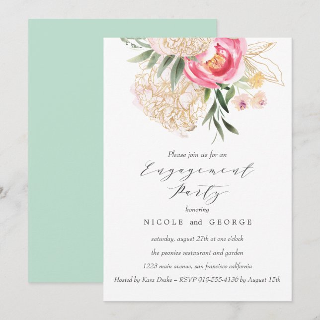 Convite Chic Peonies gold Flowers Festa de noivado de casa (Frente/Verso)