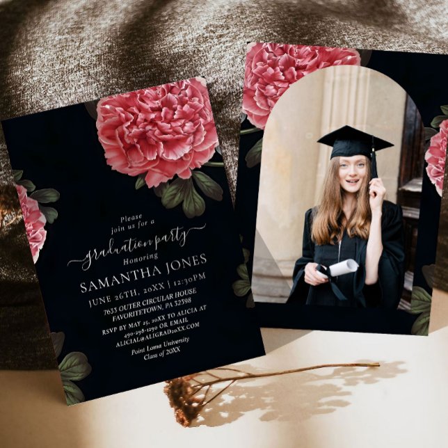 Convite Chic Peony Rosa Graduation Invitation Modelo (Criador carregado)