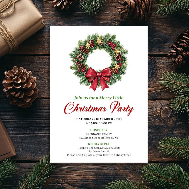 Convite Chic Pine Wreath Festive Christmas Party Invite (Chic Pine Wreath Festive Christmas Party Invite)