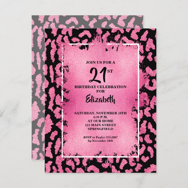 Convite Chic Pink and Black Leopard Print Birthday (Frente/Verso)