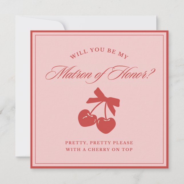 Convite Chic Pink Bow Cherry Matron of Honor Proposal Card (Frente)