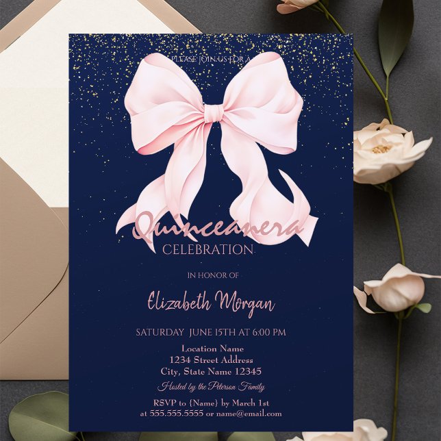 Convite Chic Pink Bow Confetti Navy Blue Quinceañera   (Criador carregado)