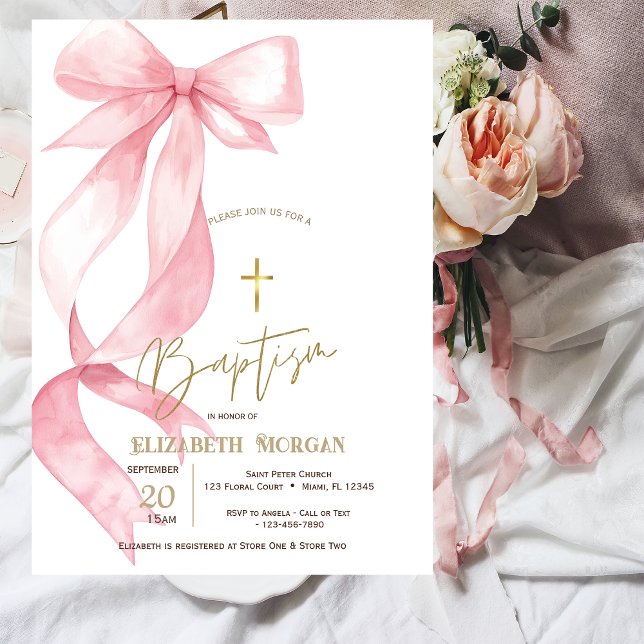 Convite Chic Pink Bow Gold Cross Baptism (Criador carregado)
