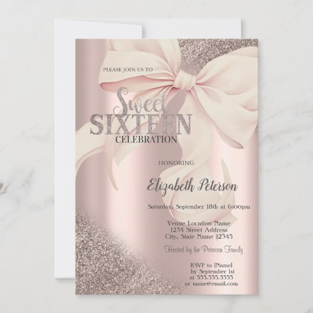 Convite Chic Pink Bow Rose Gold Sweet 16  (Frente)