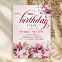 Convite Chic Pink Burgundy Floral Glam 50th Birthday