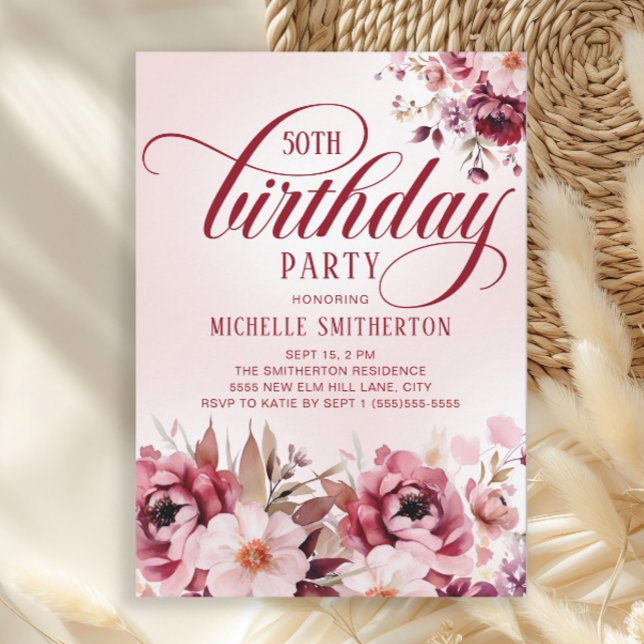 Convite Chic Pink Burgundy Floral Glam 50th Birthday (Burgundy and pink watercolor floral 50th birthday party invitation)