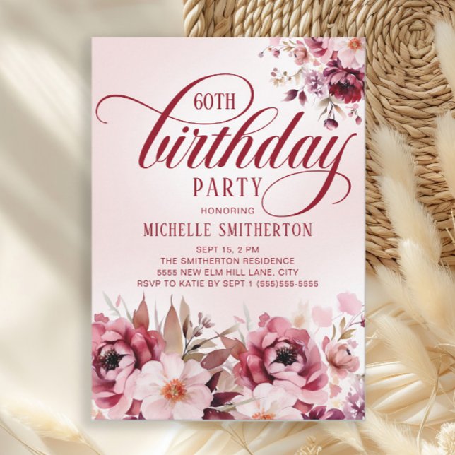 Convite Chic Pink Burgundy Floral Glam 60th Birthday (Elegant burgundy and pink watercolor floral women's 60th birthday party invitation)