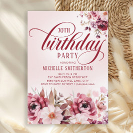 Convite Chic Pink Burgundy Floral Glam 70th Birthday