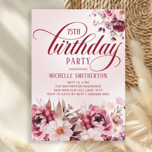 Convite Chic Pink Burgundy Floral Glam 75th Birthday (Burgundy and pink watercolor floral 75th birthday party invitation)