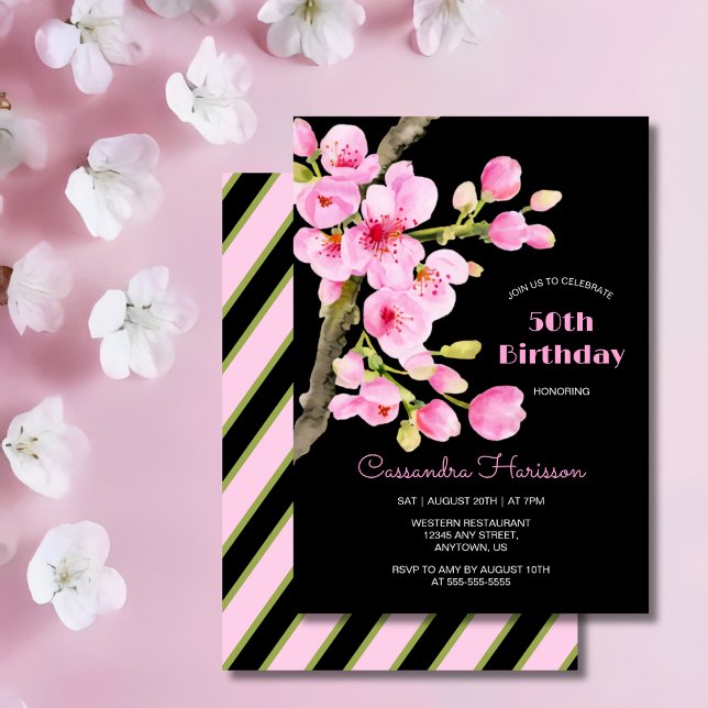 Convite Chic Pink Cherry Blossom Sakura Black Birday (Criador carregado)