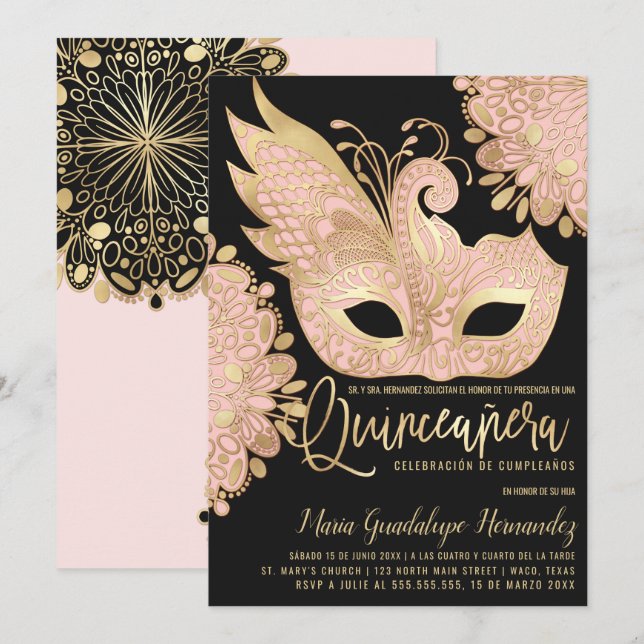 Convite Chic Pink Dourada Mask Español Quinceañera (Frente/Verso)