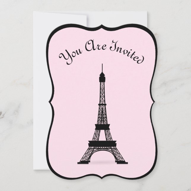 Convite Chic Pink e Black French Style Torre Eiffel (Frente)