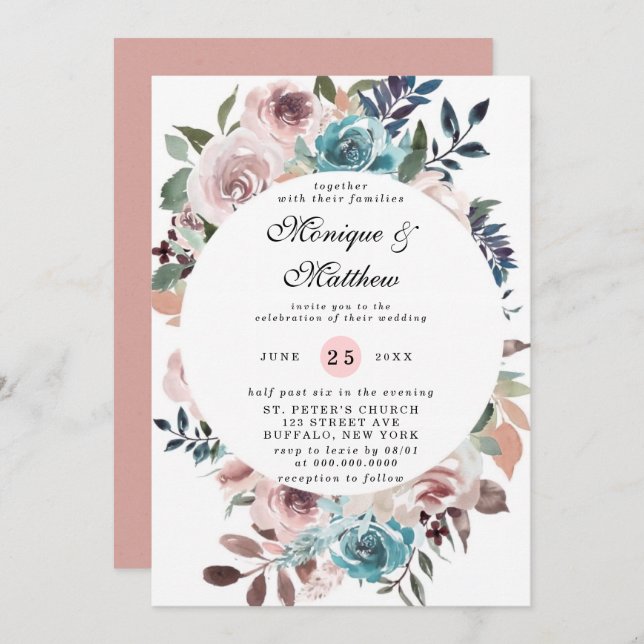 Convite Chic Pink e Teal Watercolor Casamento Peony Invita (Frente/Verso)