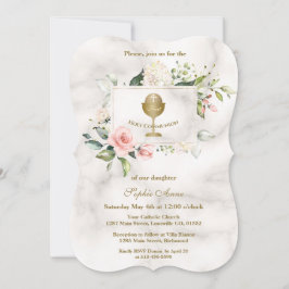 Convite Chic Pink Flowers Frame Girl Marble Comunhão Sagra