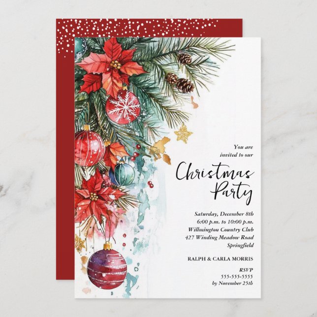 Convite Chic Poinsettia Christmas Party (Frente/Verso)