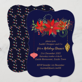 Convite Chic Poinsettia Natal Azul Vermelho Dourado Modern