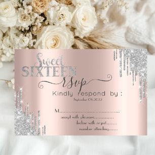 Convite  Chic Prata Brilho Gota Ouro Rosado Sweet 16 RSVP 