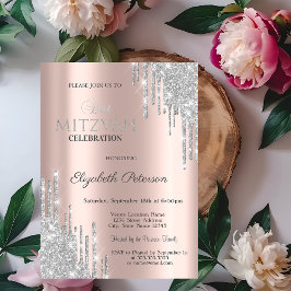 Convite Chic Prata Brilho Gotas Rosa Dourado Bat Mitzvah