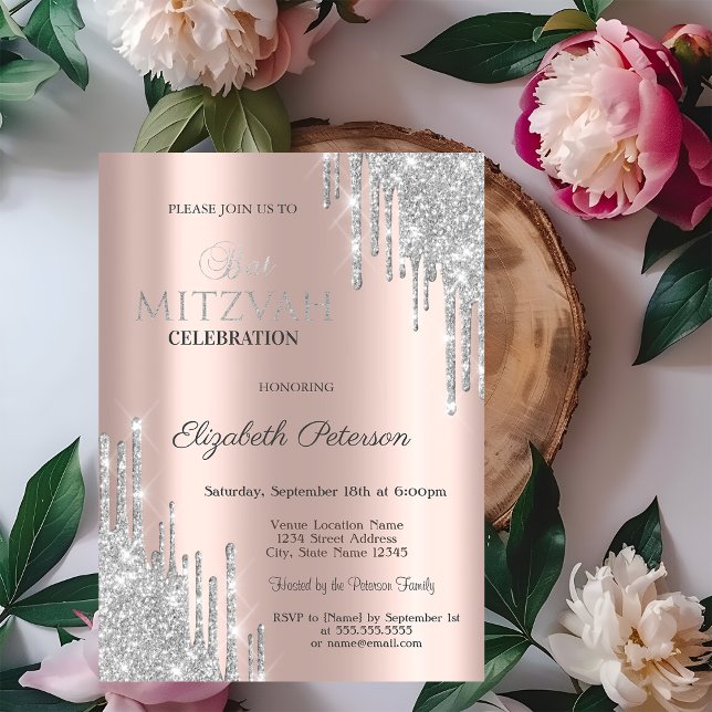 Convite Chic Prata Brilho Gotas Rosa Dourado Bat Mitzvah (Criador carregado)
