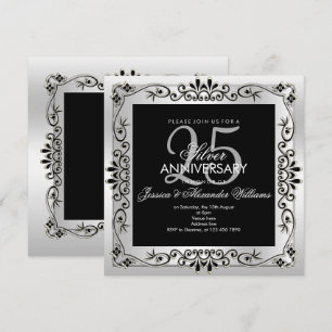 Convite Chic Prata Decorativo Emoldurado 25º Aniversário