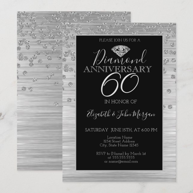 Convite Chic Prata Diamantes Casamento Aniversário (Frente/Verso)