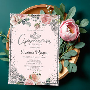 Convite Chic Prata Tiara,Rosas Pink Diamante Quinceañera