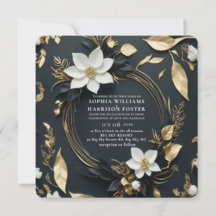 Convite Chic Preto Branco Dourado Coroa Floral Casamento F