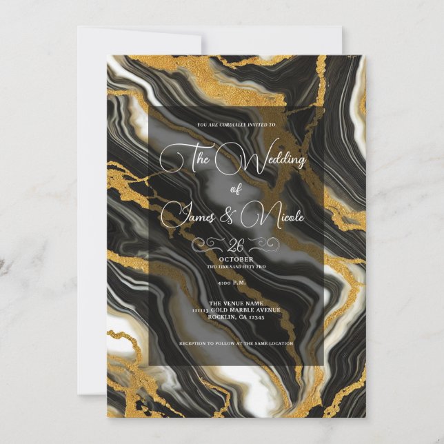 Convite Chic Preto Branco Dourado Mármore Visual Glam Casa (Frente)