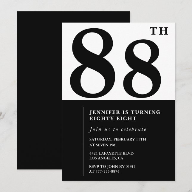 Convite Chic Preto Branco para o seu 88º aniversário (Frente/Verso)