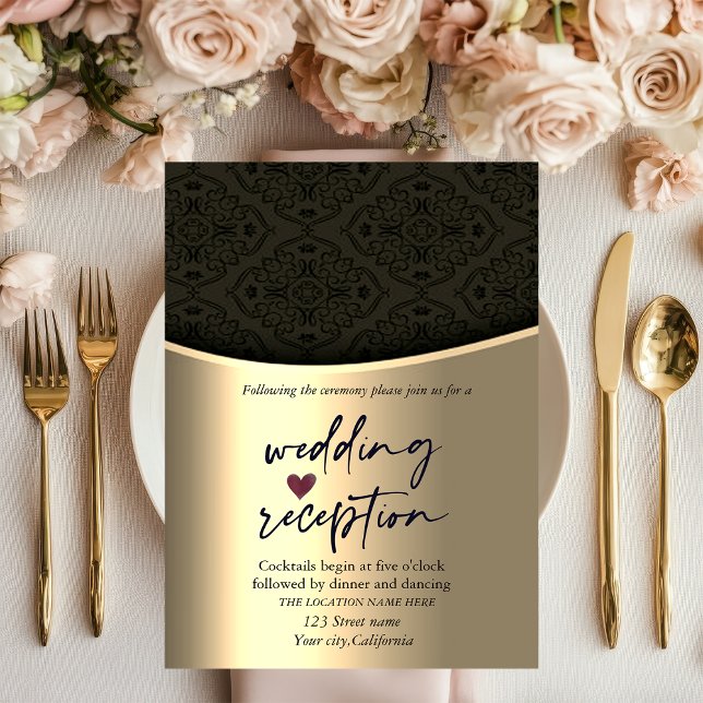 Convite Chic Preto Damasco Dourado Recepção de Casamento (Criador carregado)