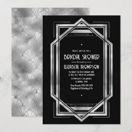 Convite Chic Preto & Prata Gatsby Art Deco Chá de Noiva